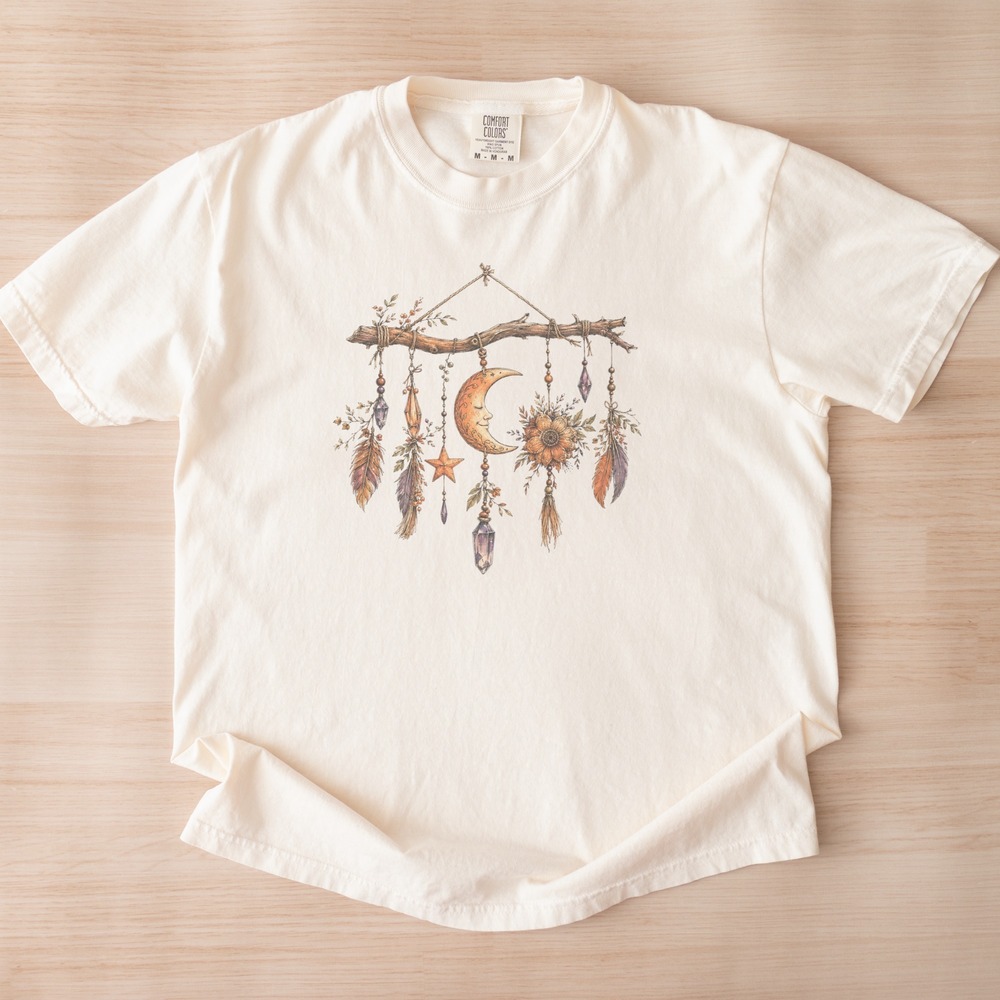 Crescent Moon and Crystal Mobile Hanging from Rustic Branch Tee